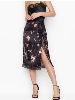 Victoria's Secret Black Floral Satin Midi Skirt with Lace Trim